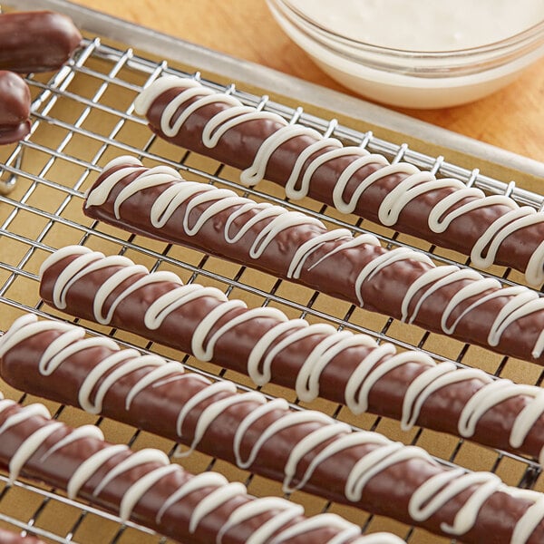 Alpine white chocolate coating on chocolate covered pretzels.