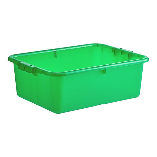 A green heavy-duty polypropylene bus tub with handles.