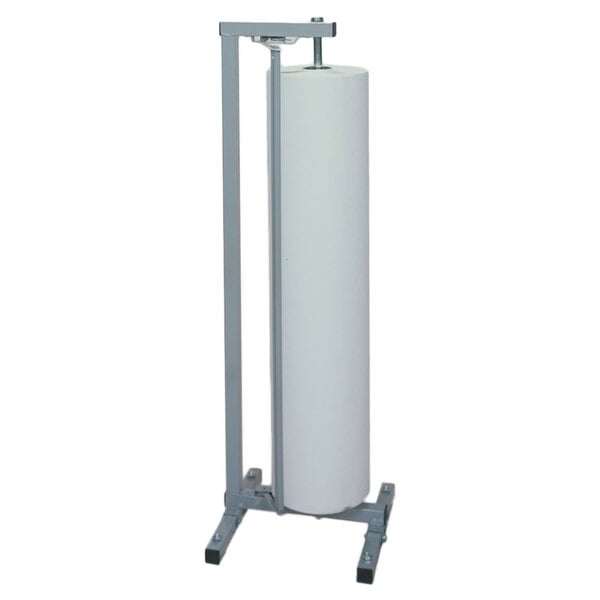 A white roll of paper on a metal stand.