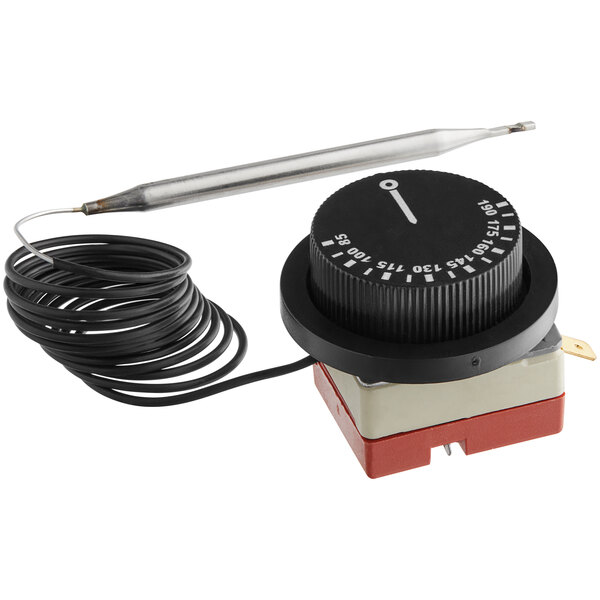 A black and white ServIt temperature controller dial with a metal rod.