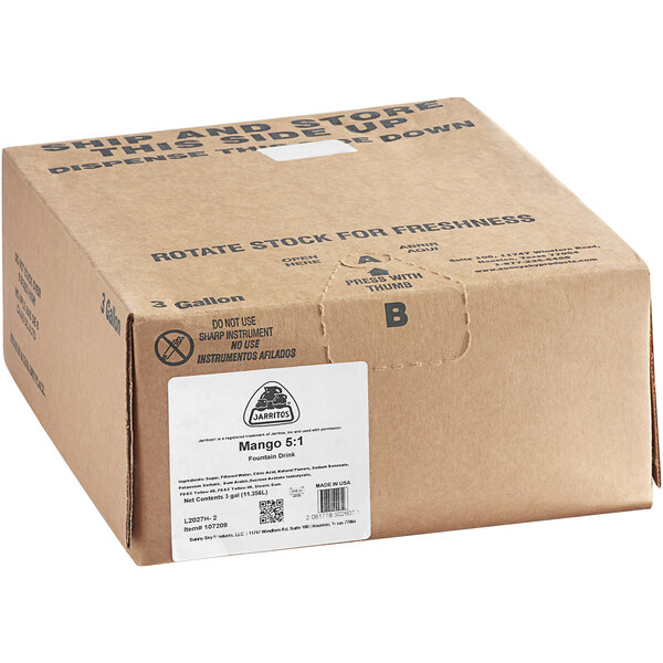 A brown cardboard box with a white label for Jarritos Mango Soda Syrup.