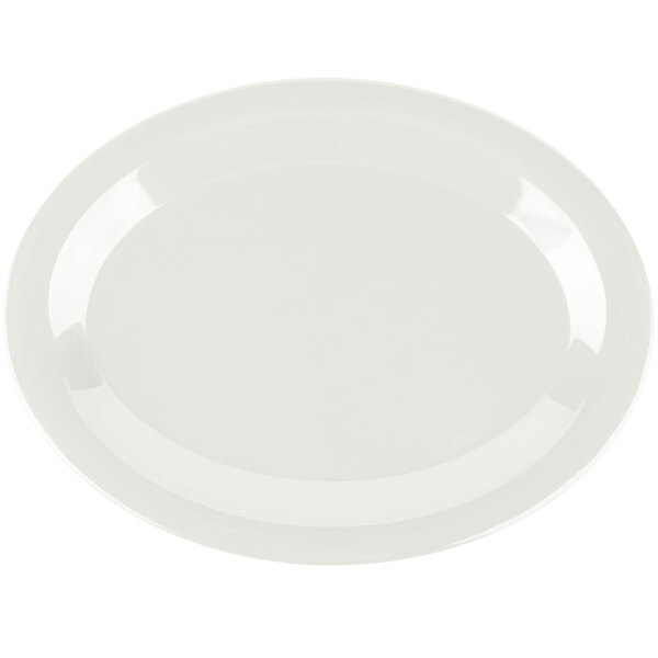 A white oval melamine platter with a white rim.