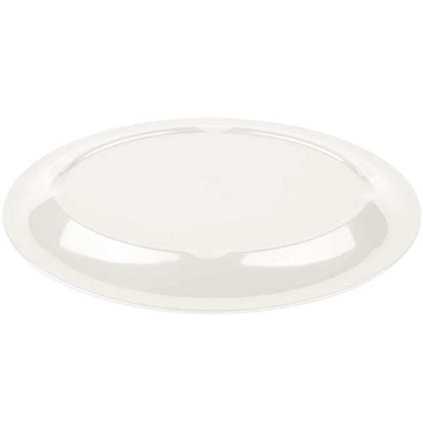 A white oval melamine platter with a circular rim.