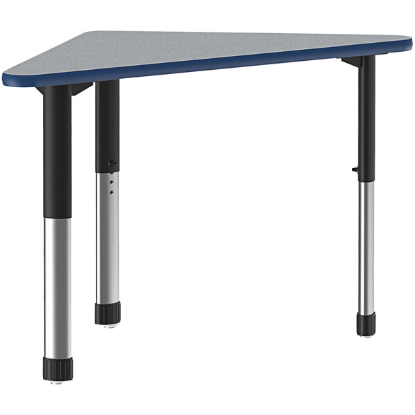 A triangle shaped Correll collaborative desk with blue top and black legs.