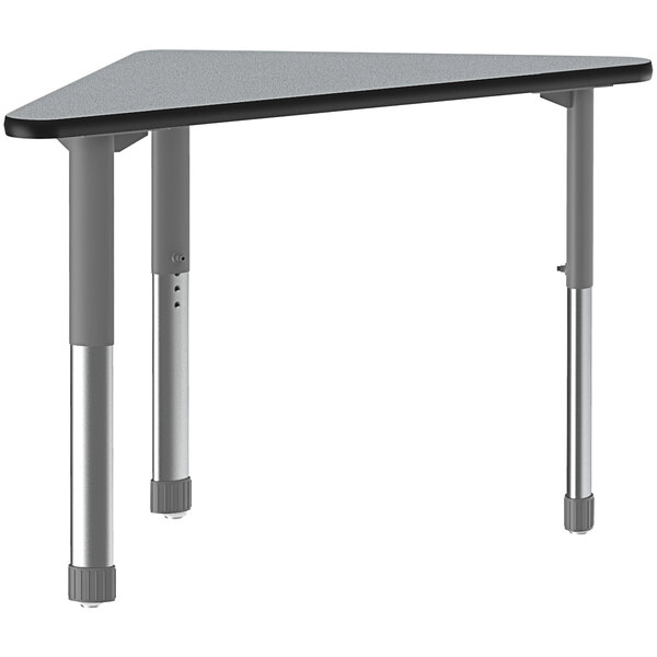 A grey triangular Correll collaborative desk with black and gray legs.