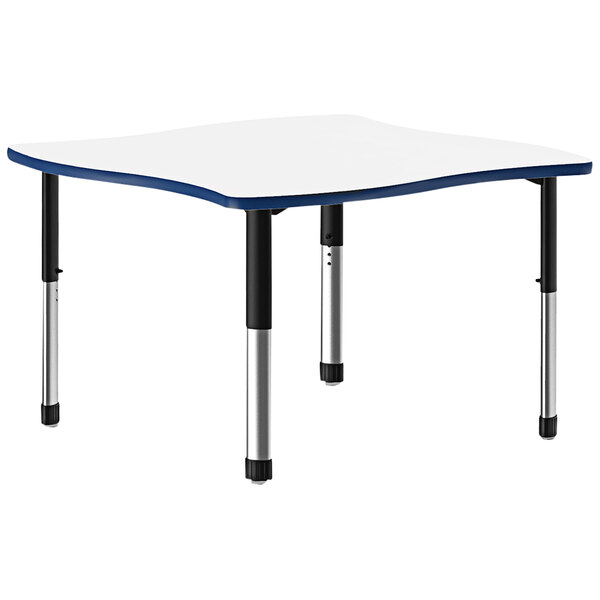 A white rectangular table with a blue and white dry-erase top and black legs.