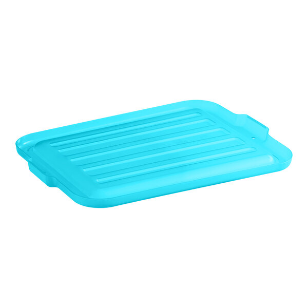 A blue Vigor heavy-duty polypropylene bus tub lid with a handle.