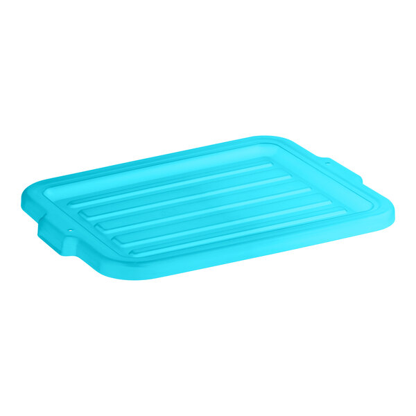 A blue rectangular Vigor bus tub lid for food storage.