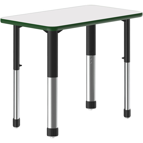 A white rectangular Correll table with a green frame and black legs.