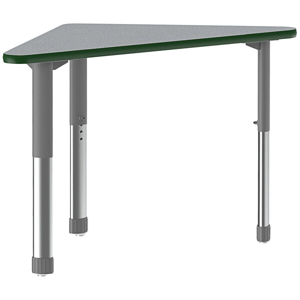 A triangular Correll computer desk with gray granite top and metal legs with green accents.