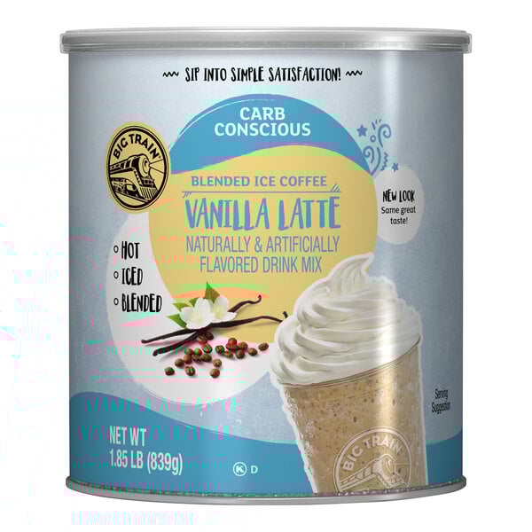 A white Big Train can of Low Carb Vanilla Latte Blended Ice Coffee Mix.