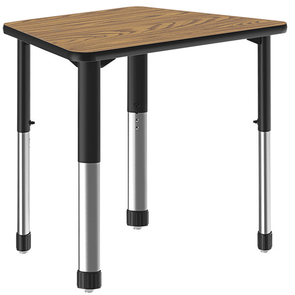 A trapezoid shaped table with black legs and a black band on the top.