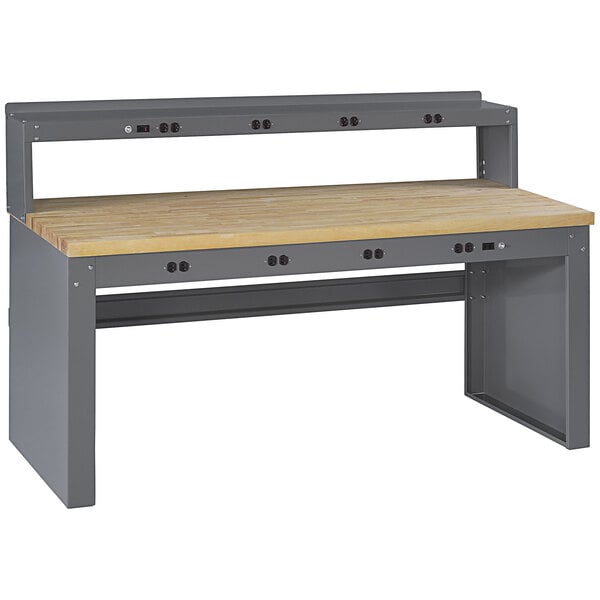 A grey workbench with a hardwood top and shelves.