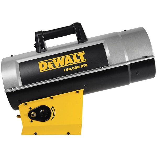 A black and silver DeWalt Forced Air Liquid Propane Heater machine.