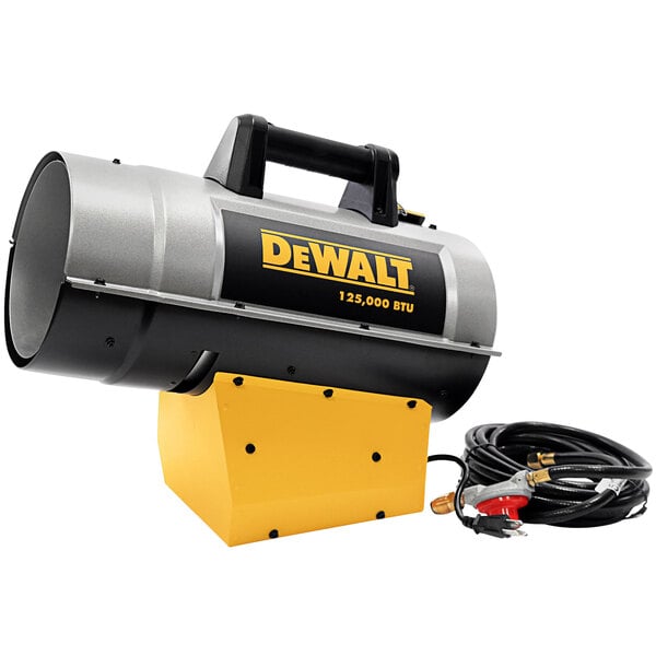 A DeWalt forced air liquid propane heater with a black and yellow cover.