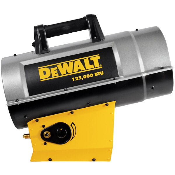 A black and yellow DeWalt liquid propane heater with silver accents.
