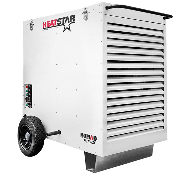 A white rectangular box with black wheels.