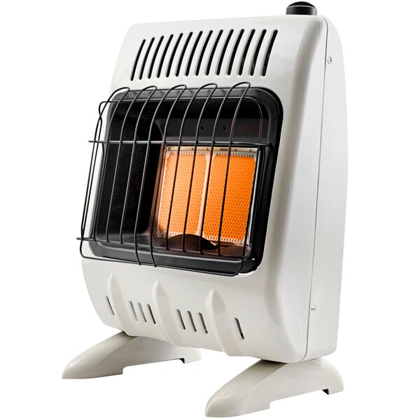 A white HeatStar infrared natural gas space heater with orange flames and a black cage.