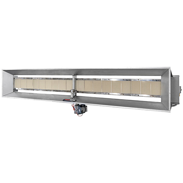 A large rectangular stainless steel machine with a HeatStar overhead radiant heater on it.