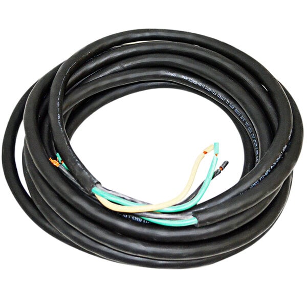 A black cable with white and green wires.