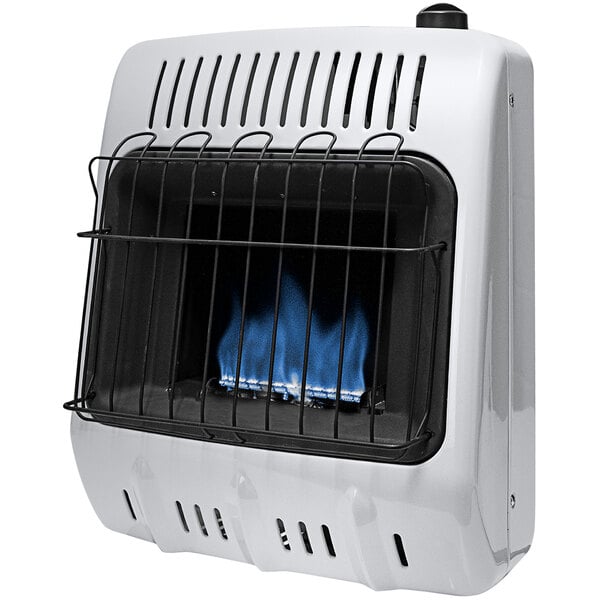 A white HeatStar liquid propane space heater with blue flames behind bars.