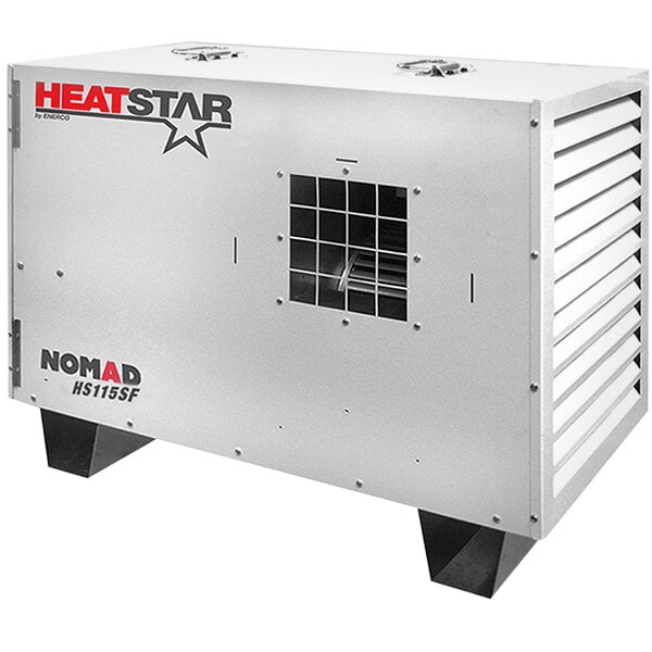 A white rectangular HeatStar NOMAD forced air box heater with a window vent.