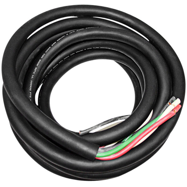 A coiled black DeWalt cord with green and red wires.