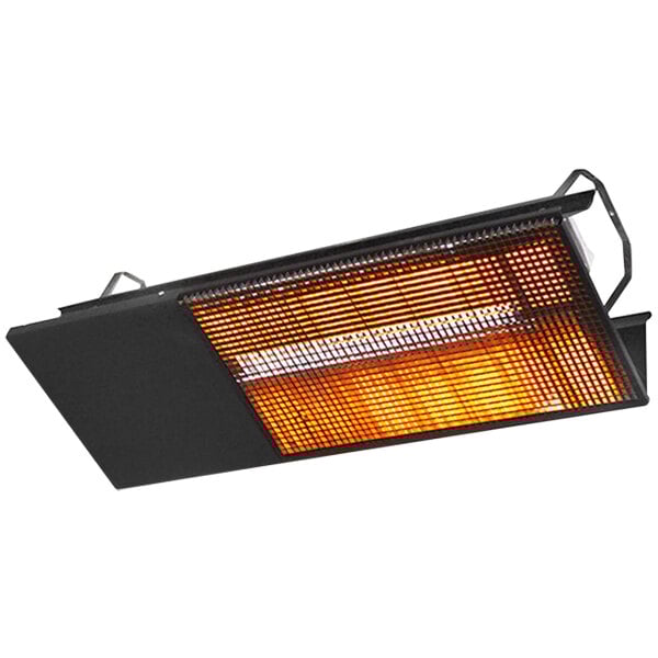 A close-up of a Heatstar overhead radiant propane patio heater with wire mesh cover.