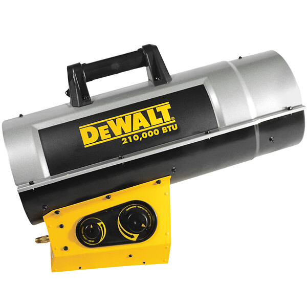 A black and silver DeWalt Forced Air Liquid Propane Heater machine.