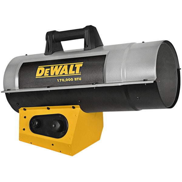 A black and yellow DeWalt forced air liquid propane heater with white background.