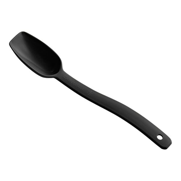 A black plastic Carlisle salad bar spoon with a long handle.