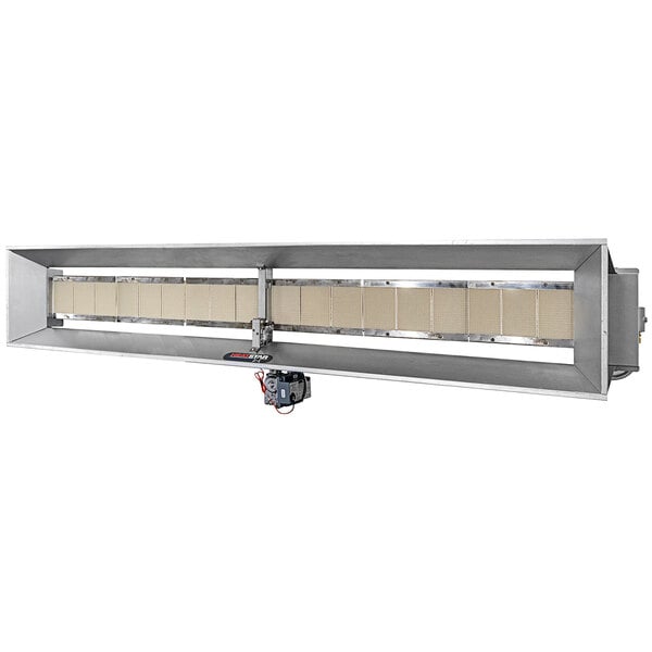 A HeatStar overhead radiant liquid propane industrial heater with a rectangular metal object on it.