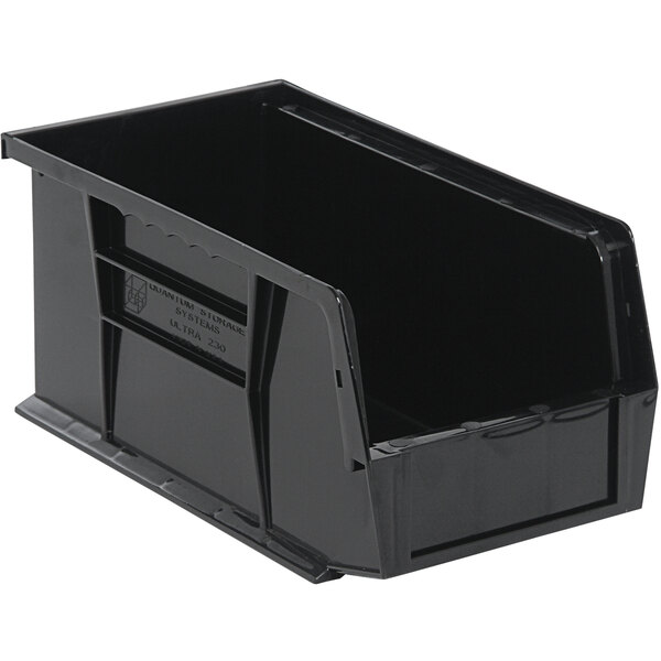 A black plastic Quantum hanging bin with a handle.