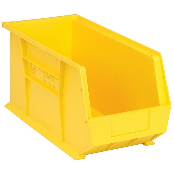 A yellow Quantum hanging storage bin with a lid and handle.