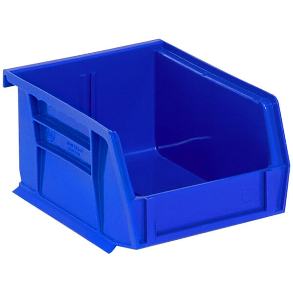 A blue plastic Quantum hanging bin with a handle.