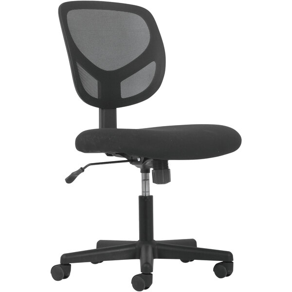 A black HON Sadie armless office chair with a black mesh back.