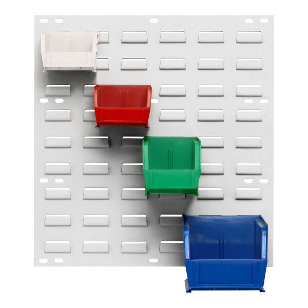A white steel louvered panel with four colored storage bins attached, measuring 18 inches by 19 inches.