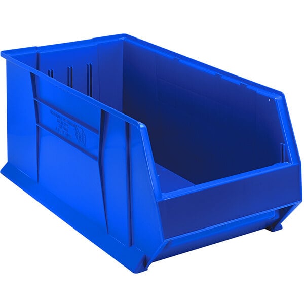 A Quantum blue plastic bin with a lid.