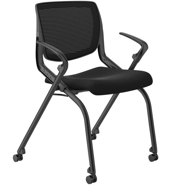 A black HON Motivate office chair with black back and wheels.