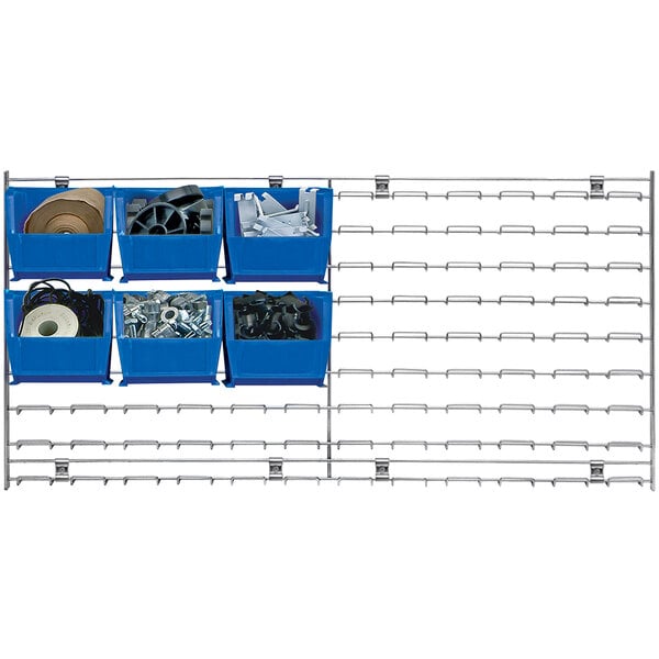 A Quantum wire louvered panel with blue bins holding metal objects.