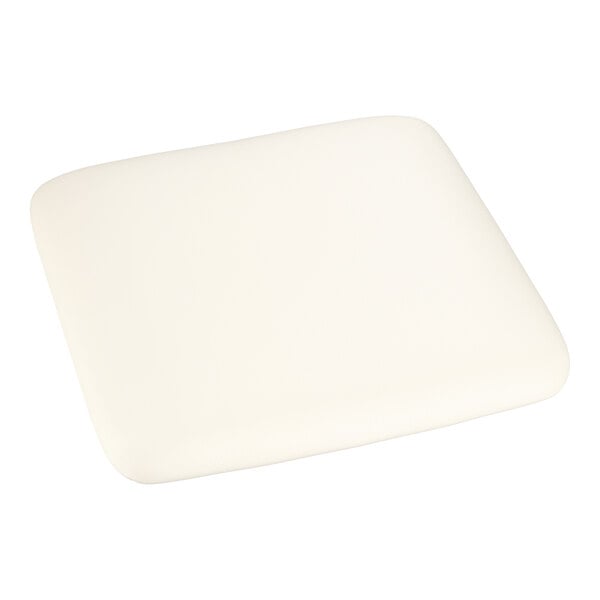 A white vinyl cushion designed for Lancaster Table & Seating Alloy barstools.