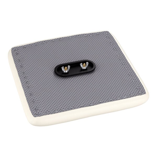 A square white and gray vinyl cushion designed for use with alloy barstools.