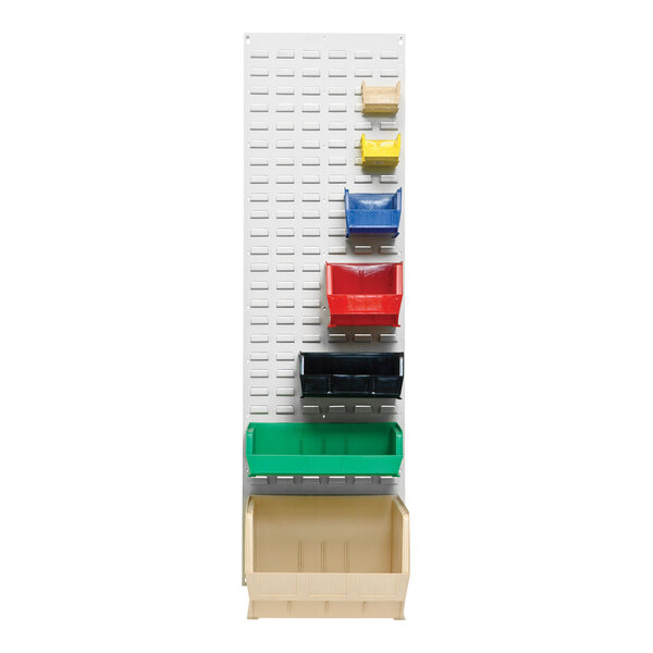 A white steel louvered panel with multiple colored storage bins attached, measuring 18 inches by 61 inches.