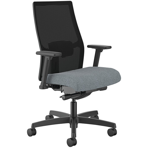 A black office chair with a grey seat and back and black armrests.