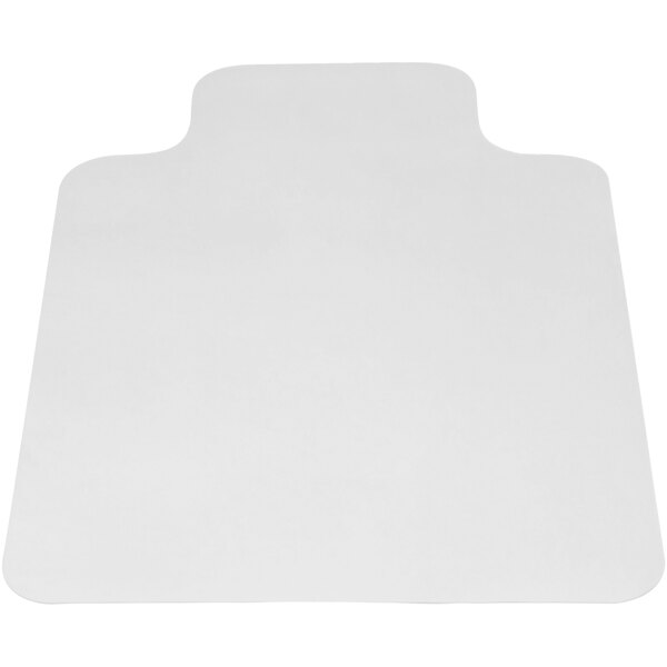 A clear vinyl rectangular chair mat with a curved edge.