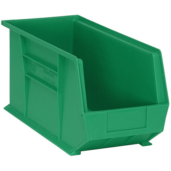 A close-up of a Quantum green plastic hanging bin with a handle.