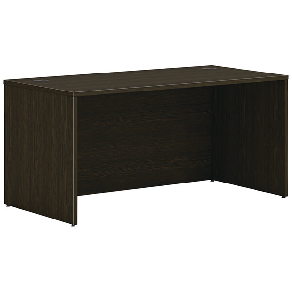 A HON Java Oak laminate desk shell with a dark brown top.