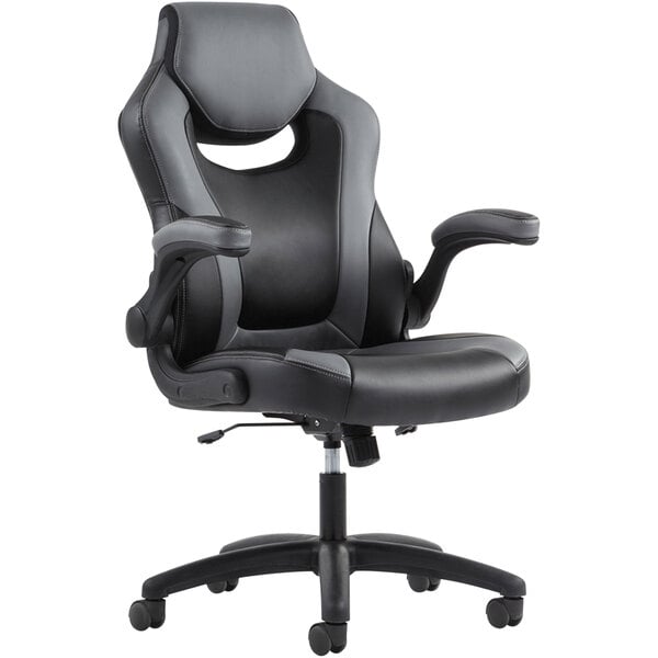 A black office chair with black and grey accents and armrests.