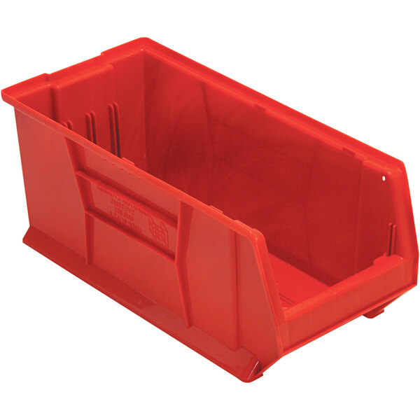 A Quantum red plastic bin with a handle.