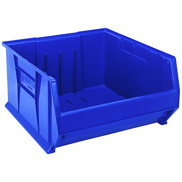 A Quantum blue plastic storage bin.